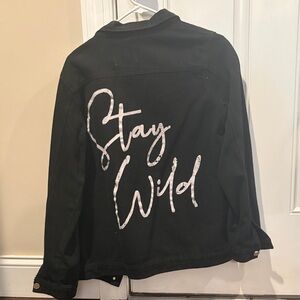 Boutique Black Denim Jacket with 'Stay Wild' Print